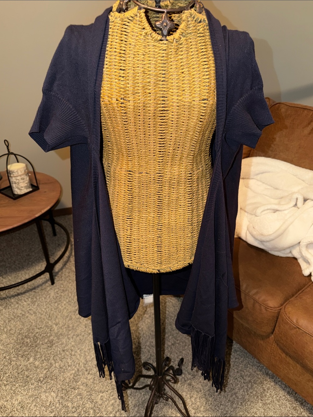 Tribal Navy Open-Front Fringe Cardigan